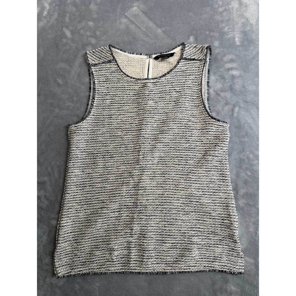 Banana Republic Womens XS Black White Tweed Frayed Hem Sleeveless Top Blouse